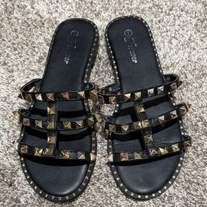 Elegant Black and Gold Studded Sandals